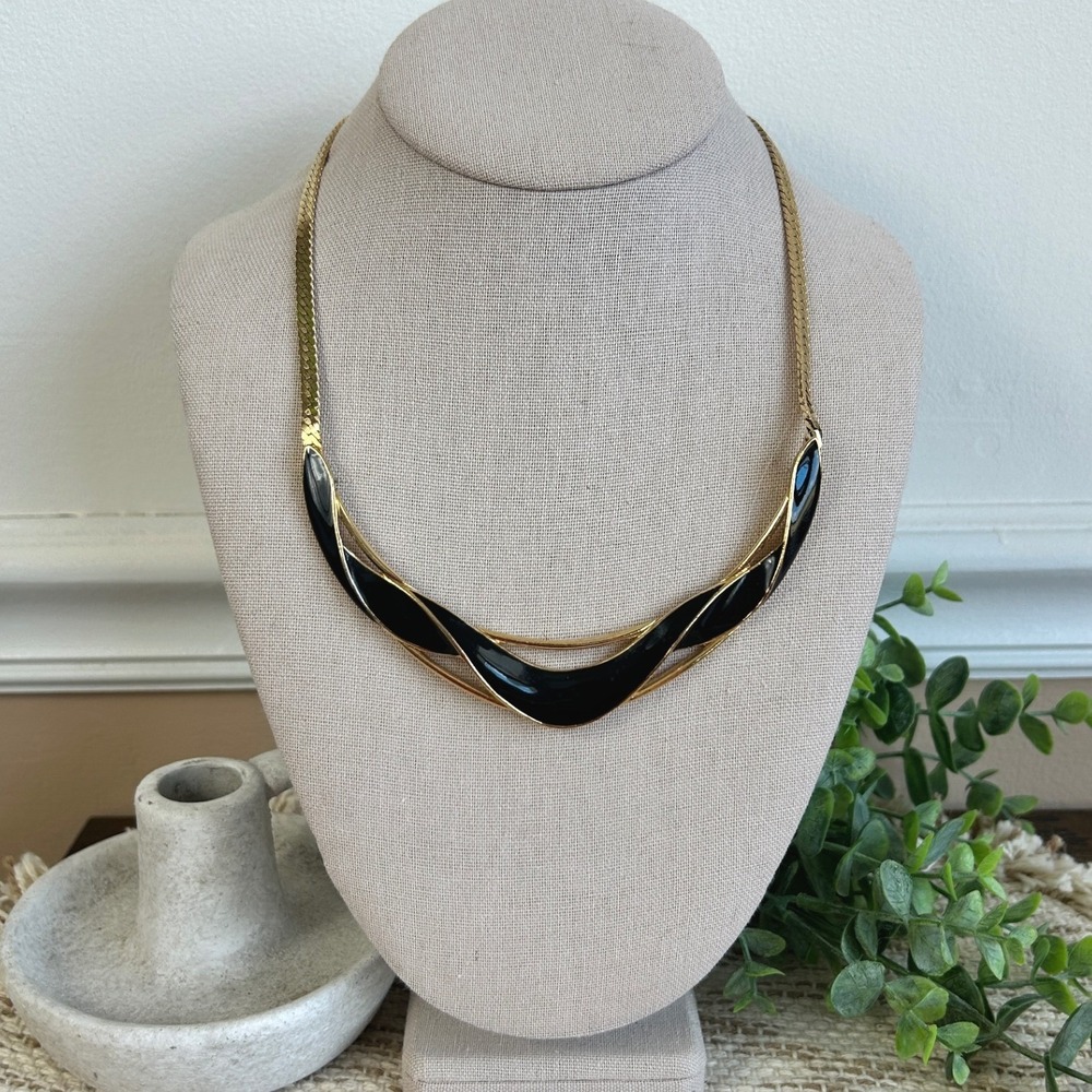 Vintage Napier Gold Tone Black Enamel Modernist Collar Herringbone Necklace